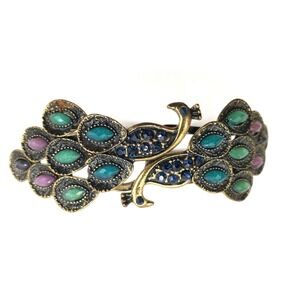 Vintage Peacock Clamper Bracelet Antiqued Gold Tone Blue Rhinestones Cabochons